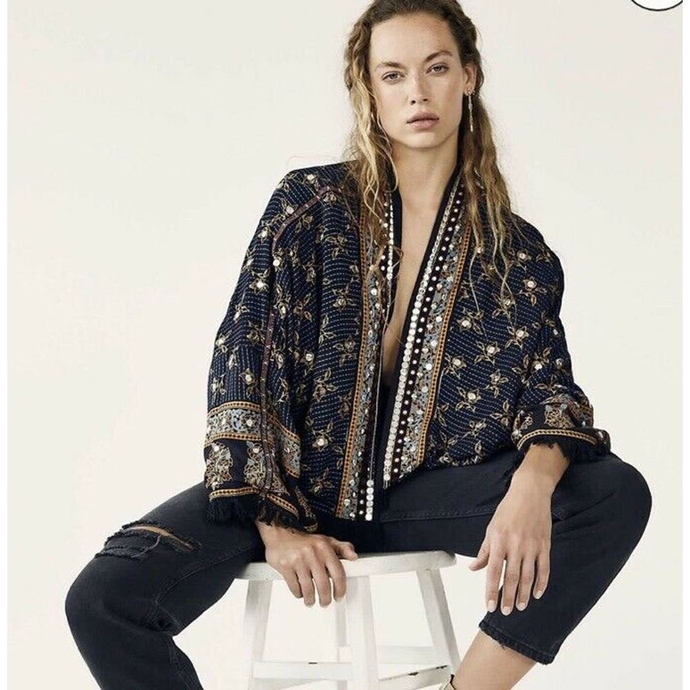 Free People Rays Of Sun Blue Boho Kimono Jacket